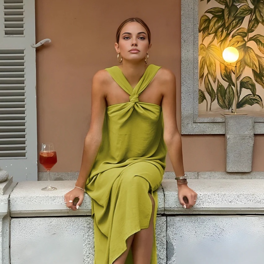 Elegant Green Cross Halter Split Long Dress